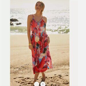 Farm Rio New Festival Color Halter Dress Size L Pink Blue Beach Sundress Braided